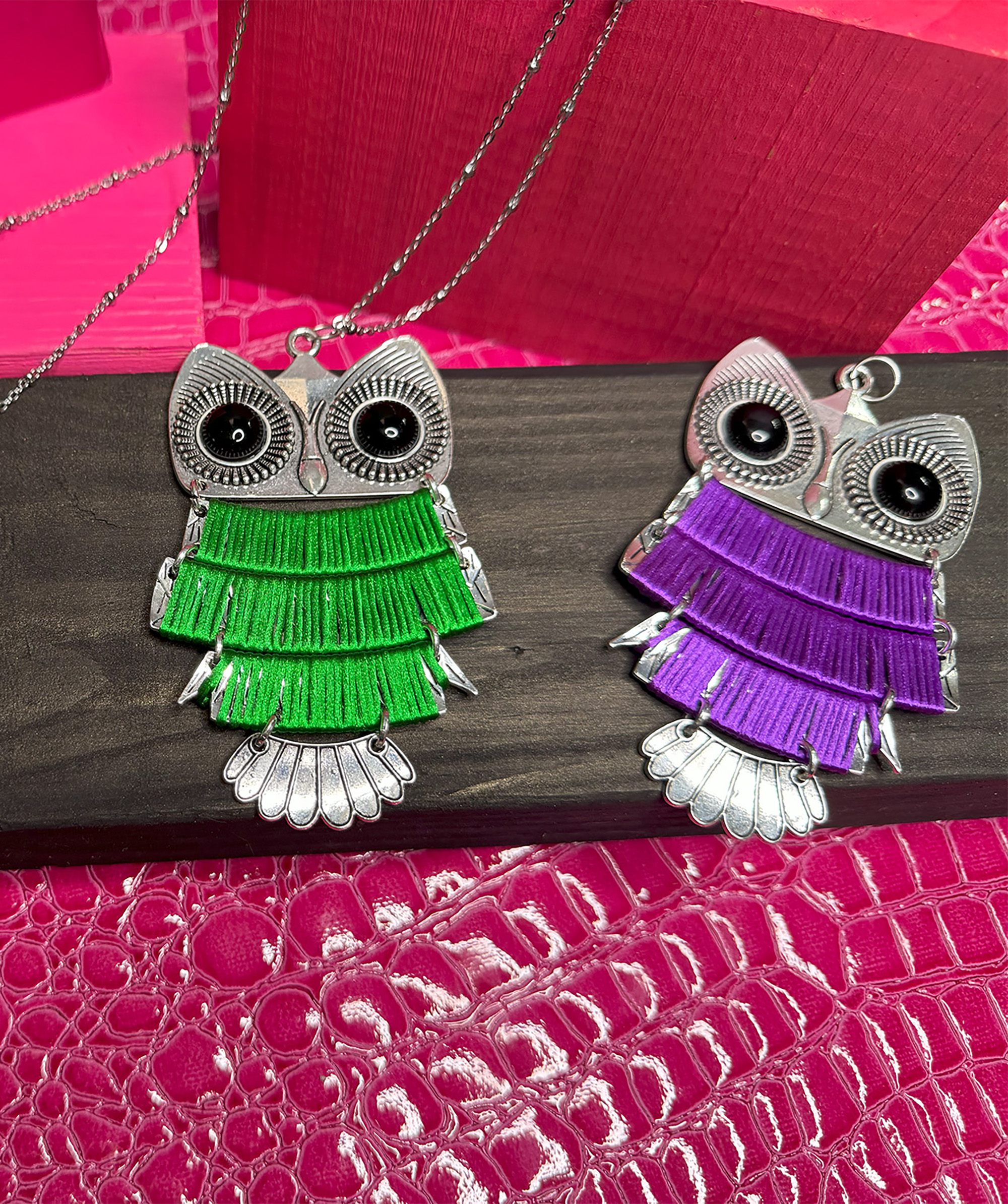 Silver Owl Necklace – Avail in Purple, Red & Green!
